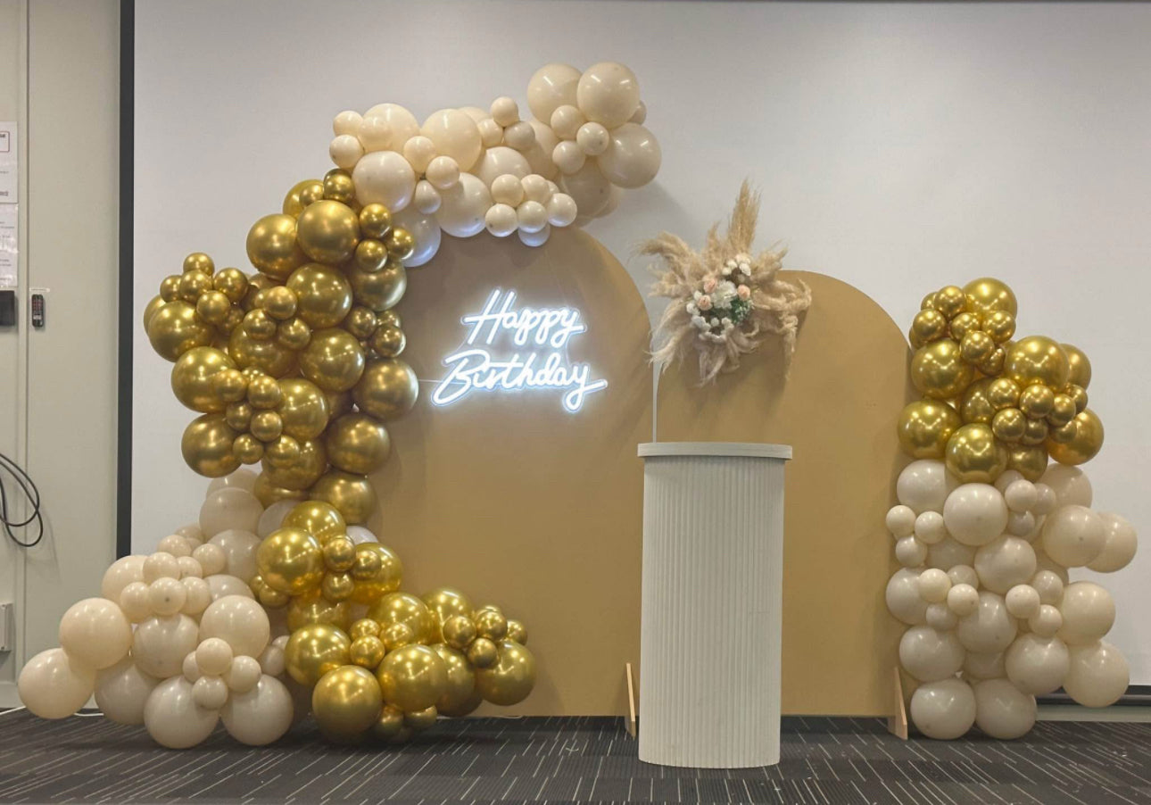 2 arches/ balloons garland/ happy birthday sign/plinth